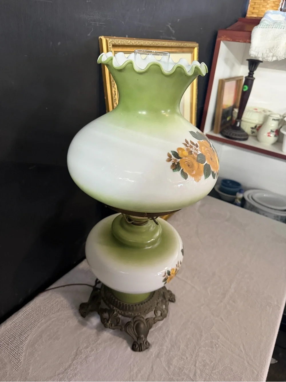 Vintage Floral Hurricane Lamp in Yellow, Green & White